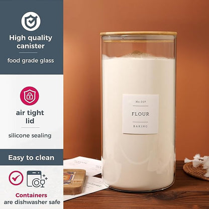 1.2 Gallon Large Glass Grain Storage Container With Airtight Bamboo Lid - Kitchen Glass Storage Jars With 42 Pantry Labels - Thicken Big Clear Rice and Flour Containers For Your Pantry