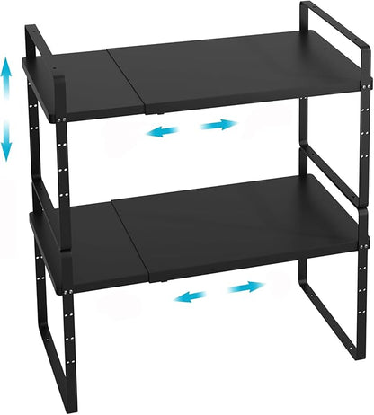 iPEGTOP Expandable Cabinet Storage Shelf Organizer Rack, Heavy Duty Steel Metal Spice Rack Adjustable Height Home Office Garage Pantry Shelves for Counter Kitchen Organization, Black, 2 Pack