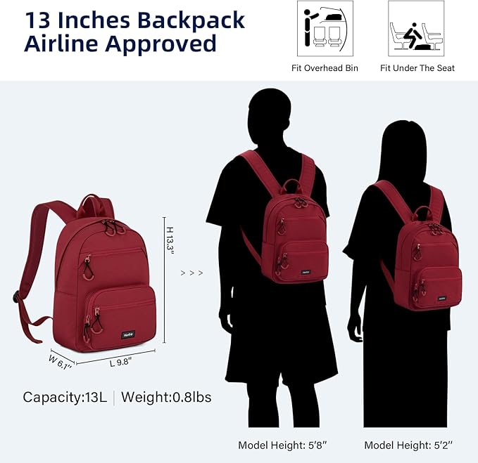 Carry On Travel Backpack For Men Women, 13 Inch Small Mini Work Bag Personal Item Backpacks, Camping Back Pack Lightweight Hiking Daypack For Office Nurse Commuter (Burgundy)