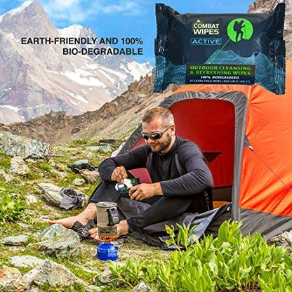 Combat Wipes ACTIVE Outdoor Wet Wipes - Extra Thick Camping Gear, Biodegradable, Body & Hand Cleansing/Refreshing Cloths for Backpacking & Gym w/Natural Aloe & Vitamin E (20 Packs, 500 Wipes)