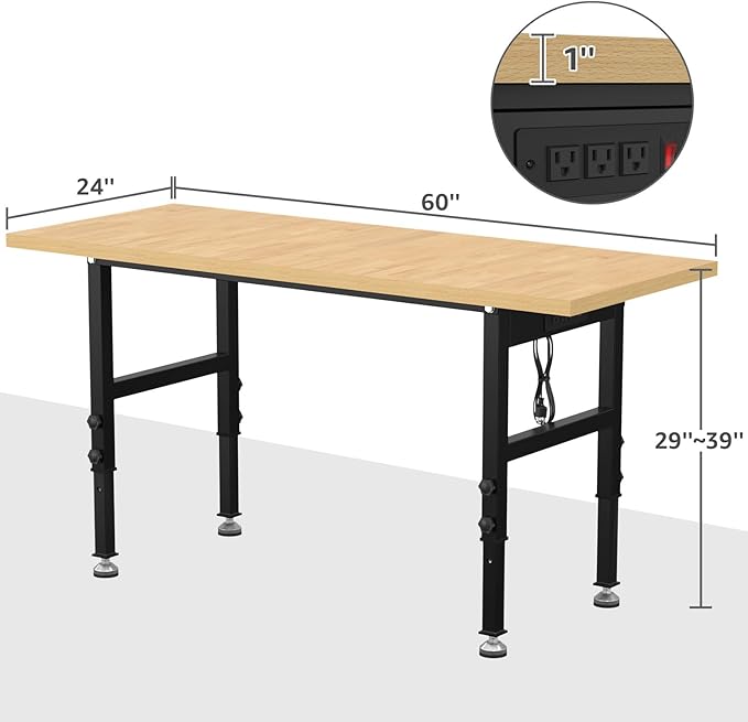 60" Adjustable Workbench,Heavy-Duty Work Table,3000 LBS Load Capacity Particleboard Hardwood Workstation Outlets with Power Strips and Fixed feet,for Workshop, Garage
