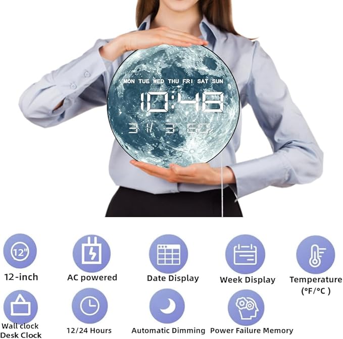 Timethink 12'' Full Moon Digital Wall Clock