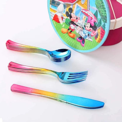 Supernal 120pcs Rainbow Plastic Silverware Set Colorful Party Utensils Blue Pink Gold Plastic Silverware Include 40 Rainbow Forks, 40 Gold Knives and 40 Blue Spoons for Trolls Party