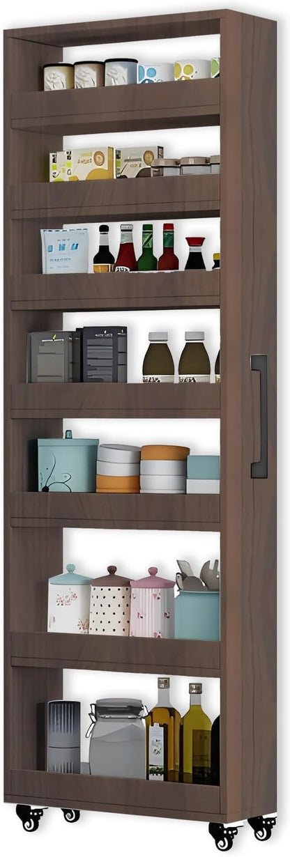 7-Tier Slim Storage Cart, Wooden Rolling Pantry Cabinet with Wheels, Narrow Shelf Organizer for Kitchen, Bakers Rack, Dining Room, Closet, Small Spaces Teak 73.2''H*7.8''W*19.6''D