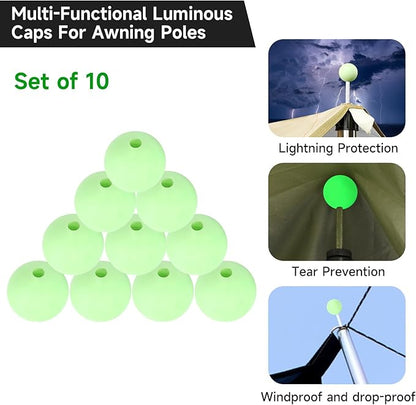 SANLIKE Tarp Pole Tip Cover 10PCS Luminous Tip Cap Ball for Camping Tent Poles, TPR Insulation Material, Lightning Protection & Night Light
