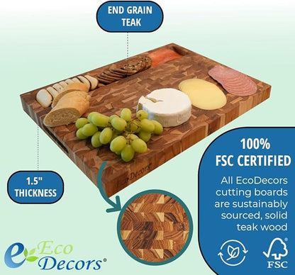 EcoDecors FSC Certified Solid Teak Cutting Board 20x15, Reversible End Grain Wood Board with 3 Charcuterie Trays for Kitchen, Cheese, Meat & Serving