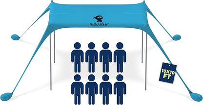 SUN NINJA Beach Tent Sun Shelter UPF50+ - Easy Pop Up Beach Canopy - Outdoor Shade for Camping Trips, Fishing, Backyard Fun Picnics - Sand Shovel, Ground Pegs & Stability Poles