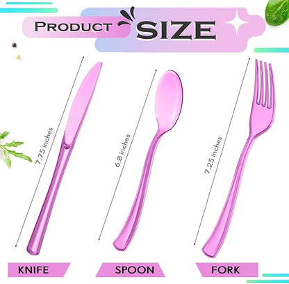 Minatee 150 Pieces Disposable Cutlery Set Plastic Silverware Heavy Duty Utensil Sets 50 Forks 50 Knives 50 Spoons for Home Office School Party Picnics Restaurant Outdoor Events(Purple)