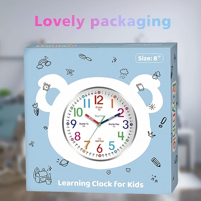 Wall Clock for Kids Learning to Tell Time Easily Non Ticking Battery Operated Kids Teaching Clock Silent Colorful Teaching Time Clock Decorative for Kids Room Classroom School (8 Inch)