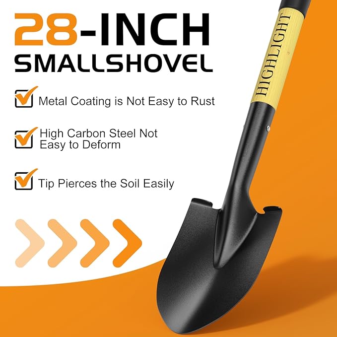 HIGHLIGHT Kids Shovel, Small Shovels for Digging, Overall Length 28 Inches, Mini D Handle, Gardening Shovel, Metal Beach Shovel, Camping, Snow, Wood Handle