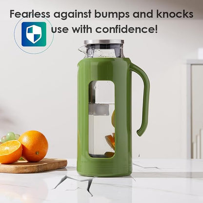 Delove Glass Pitcher with Lid & Shatterproof Shell – Heat-Resistant