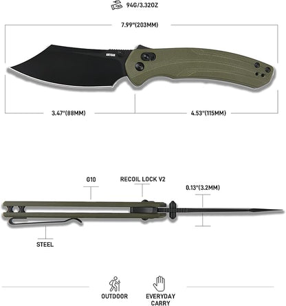 ARTISANCUTLERY Simoon Folding Knife, 3.47" AR-RPM9 Steel Blade G10 Handle Pocket Knife with Recoil Lock V2, EDC Knives for Men Women Camping Hiking(ATZ-1882 Black)