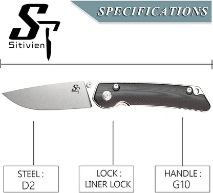 Sitivien ST128 Folding Knife,D2 Blade G10 Handle Safety Liner Lock EDC Tool Knife for Outdoor Hiking Camping-Black