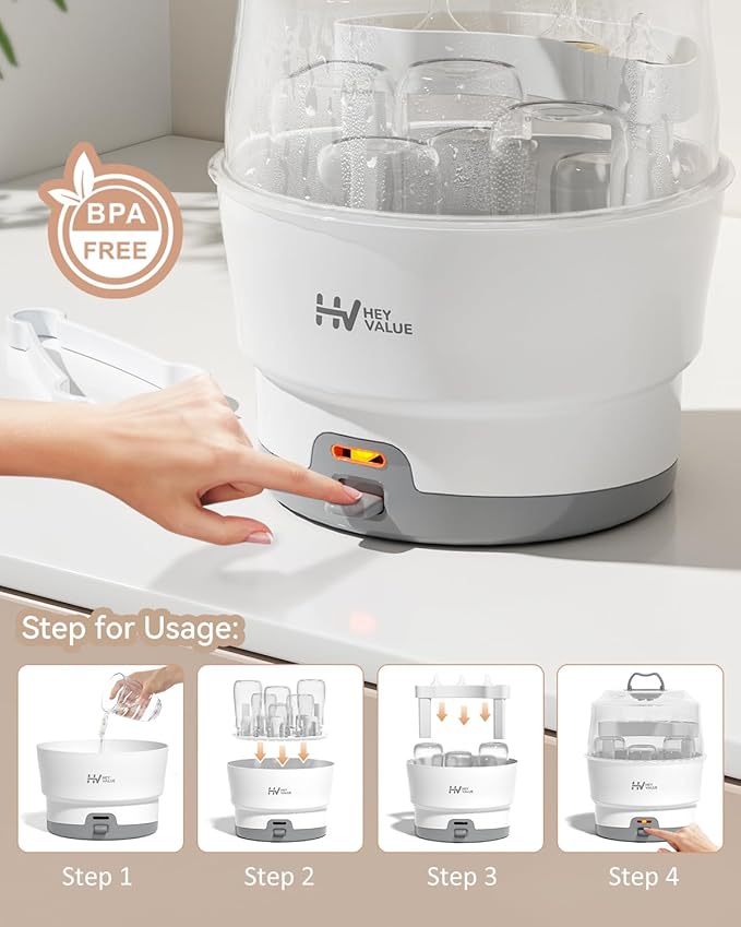 HEYVALUE Ease-Steam Bottle Sterilizer, Compact Baby Bottle Sterilizer, Fast
