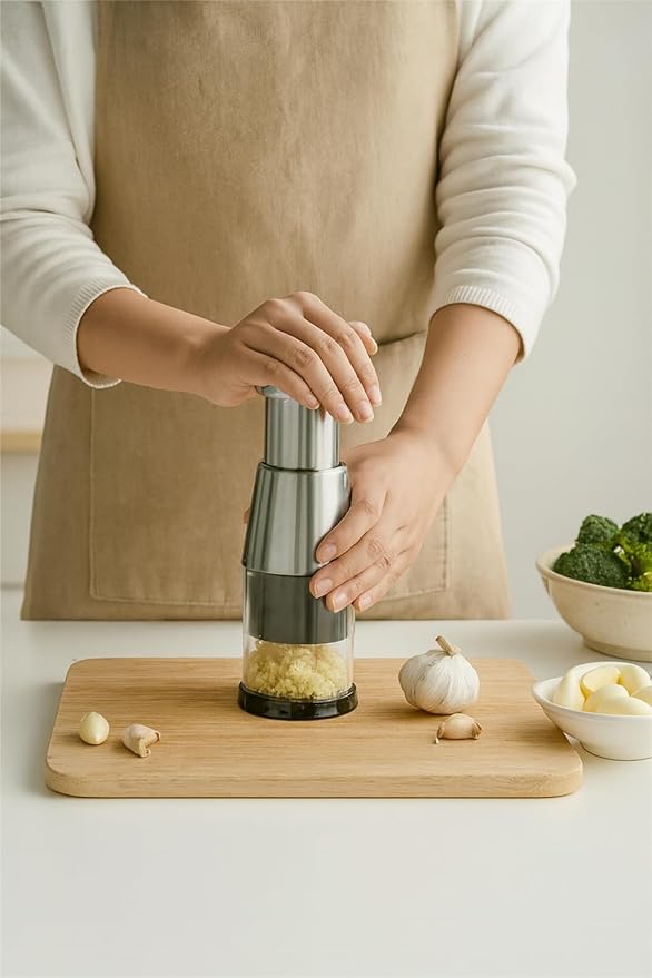Stainless Steel Garlic Press Mincer with Comfortable Grip, Built-in Spring, 6.3 Inch Height, Clear Collection Cup
