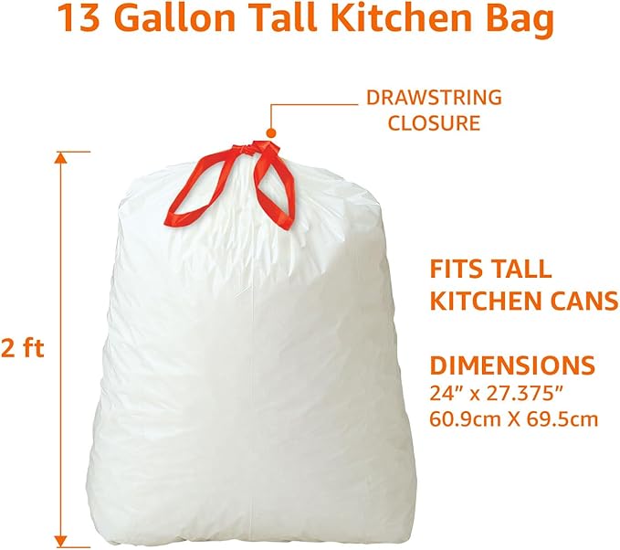 Amazon Basics Tall Kitchen Drawstring Trash Bags, Clean Fresh Scent, 13 Gallon