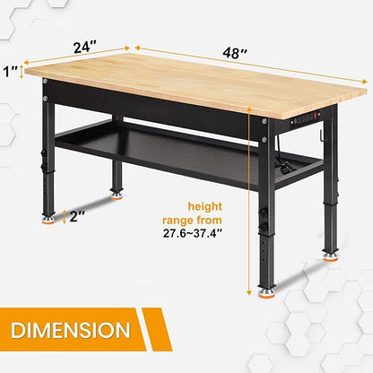 48"/60'' Adjustable Workbench, Rubber Wood Top Work Bench Heavy-Duty Work Table w/Power Outlet, Partition,2000 LBS Load Capacity Work Benches for Garage, Workshop, Home, Office, Easy Assembly