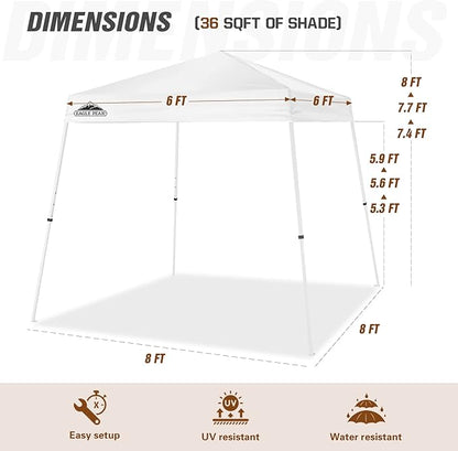 EAGLE PEAK 8x8 Slant Leg Pop-up Canopy Tent Easy One Person Setup Instant Outdoor Beach Canopy Folding Portable Sports Shelter 8x8 Base 6x6 Top (White)