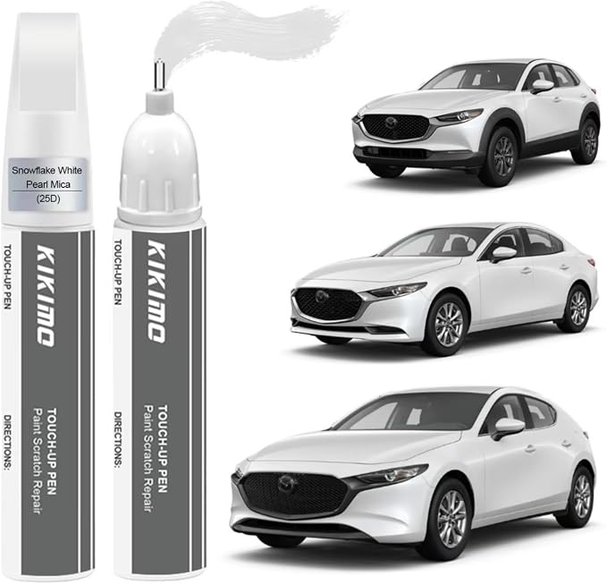KIKIMO for Mazda Touch Up Paint(Snowflake White Pearl Mica(25D)), Car Paint Repair Kit for Mazda, 2 In 1 Scratches Repair with Pen Tip and Brush, Color-Matched for Quick & Easy Fix