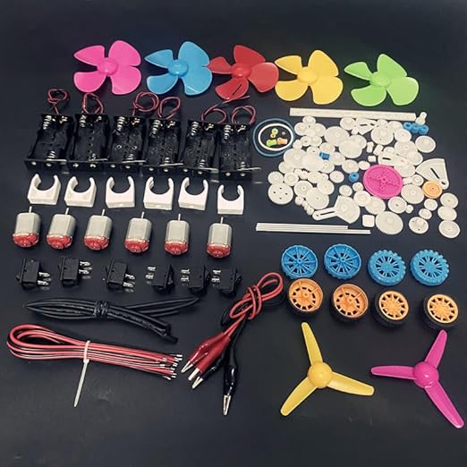 Electric DC Motor Kit, 6 Set 131 PCS Small Motors Kit, with 85 Plastic Gears Kit, Shaft Propeller, Plastic Wheels, 2 x AA Battery Holder, STEM Engineering Set for DIY Science Projects