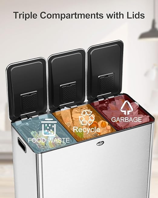 Garvee Trash Can, 15.9 gal Triple Compartments Stainless Steel Kitchen Trash Can