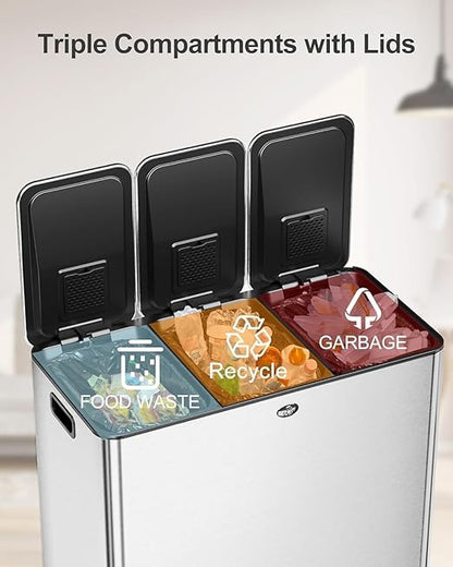 Garvee Trash Can, 15.9 gal Triple Compartments Stainless Steel Kitchen Trash Can