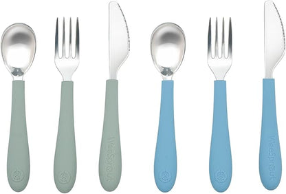 Kids Stainless Steel Utensils Set - Premium 18/8 Grade Silverware Kit - 2 Spoons, 2 Forks, and 2 Knives for Ages 4-7 - Silicone Easy-Grip Handles - Children Flatware Cutlery (Matte - Green, Blue)