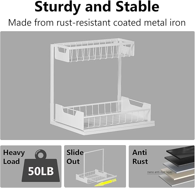 Ceetug Under Kitchen Sink Organizers and Storage Pull Out 2 Tier Metal Bathroom