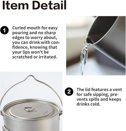 1100ml Titanium Camping Pot with Lid & Bail Handle, Lightweight Backpacking Cookware for Outdoor Hiking Cooking, Ultralight Titanium Cook Pot for Campfire Use