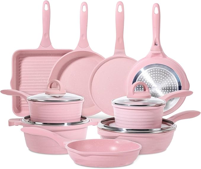 JEETEE Pink Pots and Pans Set Nonstick 23pcs, Healthy Kitchen Cookware Sets