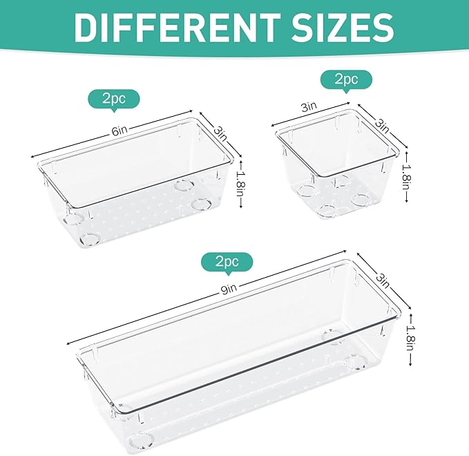WOWBOX 6 Pack Clear Drawer Organizer Set, Acrylic Drawer Storage Trays