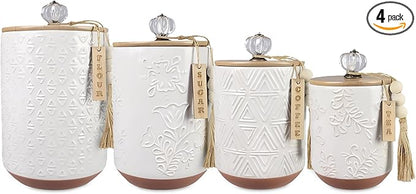 Youngs 21207 Ceramic Canister with Wood Lid and Silicon Seal, Crystal Knob and Blessing Bead Tassel Accent, 4-piece Set