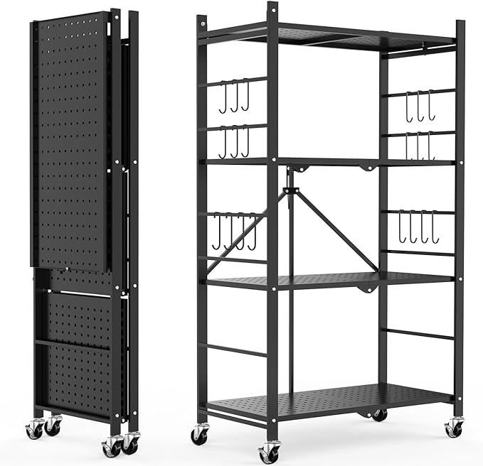 Himix Storage Shelves with 20 Hooks, 4-Tier Foldable Shelves