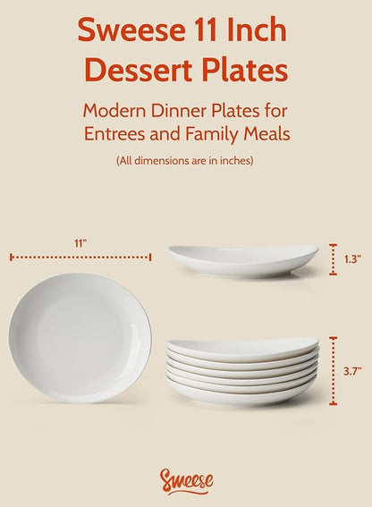 Sweese Porcelain 11 Inch Dinner Plates Set of 6 - White Dinner Plates - Dishwasher, Microwave, Oven Safe, Scratch Resistant
