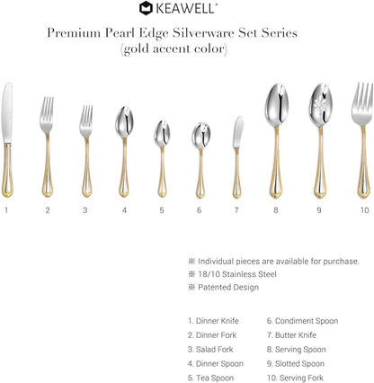 KEAWELL Pearl Edge 4-Piece Premium Spoon Set, 18/10 Stainless Steel, Fine Silverware Spoons with Refined Bead Design, Brightly Polished, Dishwasher Safe (Gold Accent, 6.3" Condiment Spoons)
