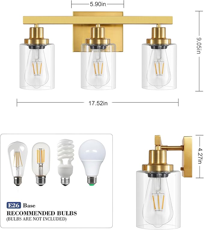 DIKAIDA 3 Light Gold Bathroom Light Fixtures, Bathroom Vanity Light Over Mirror