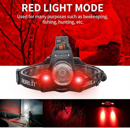 BORUIT RJ-3000 Rechargeabe LED Headlamp Super Bright with Red Light, 3 Modes Super Bright USB Head Lamp IPX4 Waterproof Headlight for Adults USB Outdoor Fishing Camping