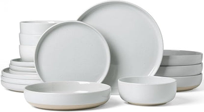 Famiware Milkyway Stoneware Dinnerware Sets with Pasta Bowls, Service for 4 (16 Pieces), Plates and Bowls Sets -Scratch Resistant, Microwave and Dishwasher Safe Dishes Set, Light Gray