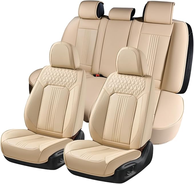 Coverado Seat Covers, Car Seat Covers Full Set, Beige Seat Cover, Front Seats Back Seat Cover, Waterproof Car Seat Cushion, Leather Car Seat Protector Universal Fit Most Cars