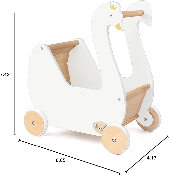 Wooden Doll Stroller, Baby Pram Toy, Wooden Swan Baby Walker for Toddler Boys & Girls 18 Months and Up