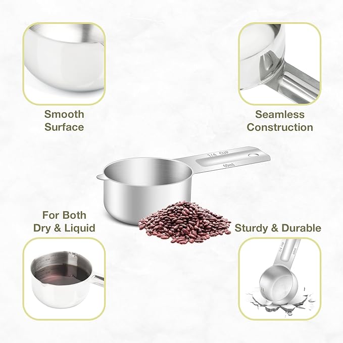 2PCS 1/4Cup Single Measuring Cup, Etched Inner Scale Stainless Steel Measure