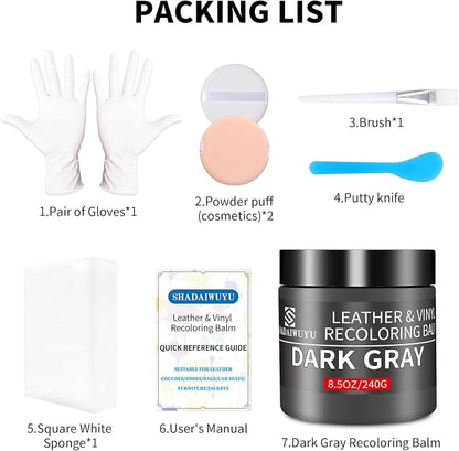 Leather Recoloring Balm,8.5oz Leather Color Restorer,Dark Gray Leather Repair kit for Furniture and Car Interior,Leather Couch Scratch Repair,Leather Dye Paint for Faded,Cracked and Damaged Leather