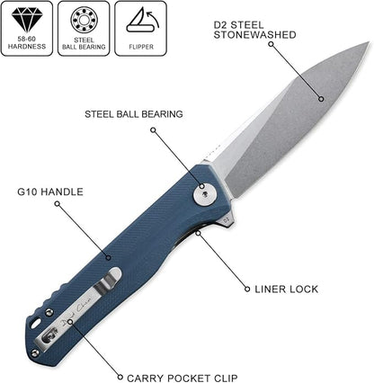 Petrified fish G10 handle D2 steel blade 2CR13 liner ball bearing flipper folding knife camping hunting EDC pocket tool PF818 (Gray, Stonewash)