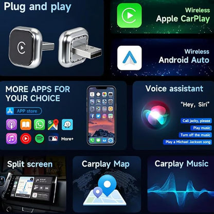 Wireless CarPlay & Android Auto Adapter for Lexus LS Hybrid 2021-2024,Ultra Mini Dongle Converts Easy Setup Plug and Play,Black
