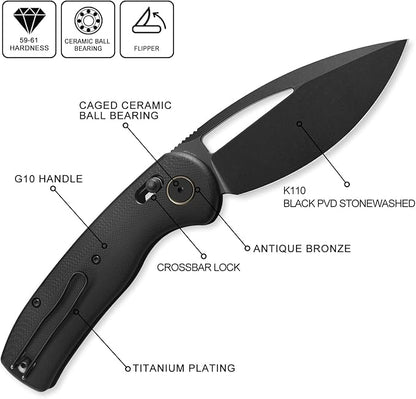 Petrified fish PFP13 Viper Folding Knife,3.5" K110 Steel Black Stonewashed Blade G10 Handle Pocket Knife for Camping EDC Outdoor (Black Black Stonewashed)