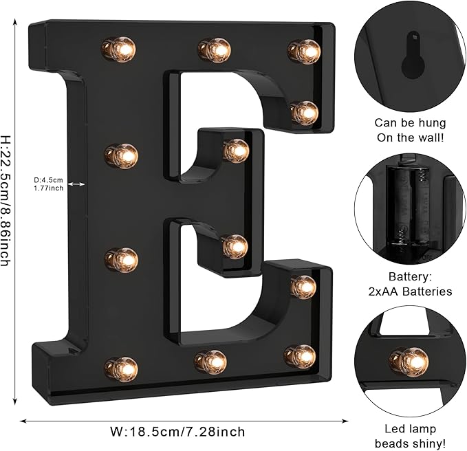 Foaky Black LED Letter Lights for Room Decor - Bedroom Wall Decor, Alphabet Lights for Home, Wedding, Party - Battery Operated （E）