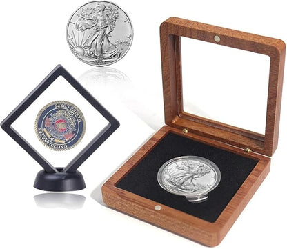 Challenge Coin Display Case Silver Dollar Coin Holder 1.8" in Single Coin Display Case Wood Coins Storage Box Coins for Collectors