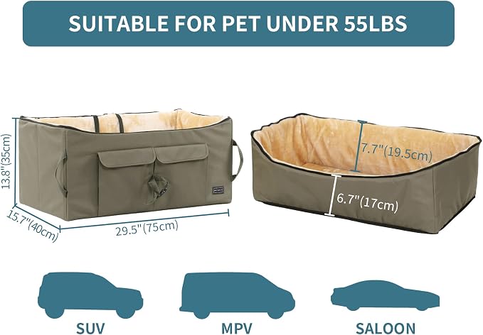 Petsfit Dog Booster Seat for 2 Small Dogs or Medium Dog up to 55 lbs, Large Dog Car Seat with 2 Big Pockets for Cars, Trucks and SUVs (Large, Brown)