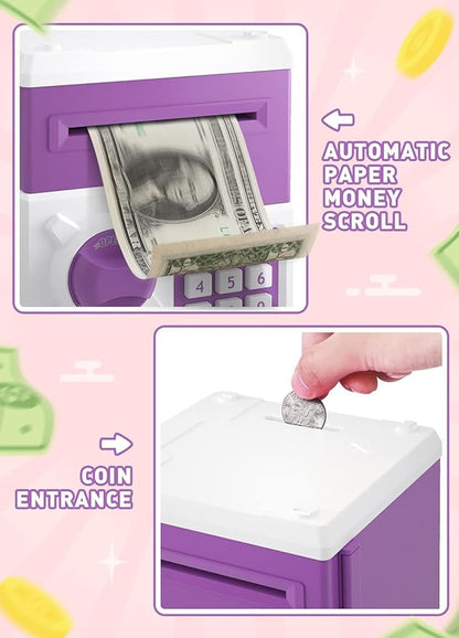 Piggy Bank for Girls Boys Large Electronic Money Coin Banks with Password Protection, Automatic Paper Money Scroll Saving Box, Great Gift for Kids (Purple-White)