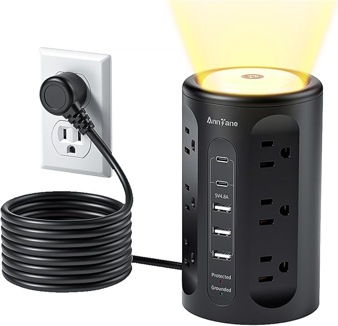 AnnTane Power Strip Tower with Night Light, Power Strip Surge Protector with
